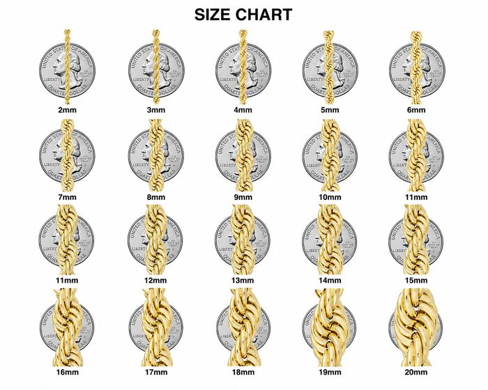 10K Yellow Gold Hollow Rope Chain 2mm 20 Inch
