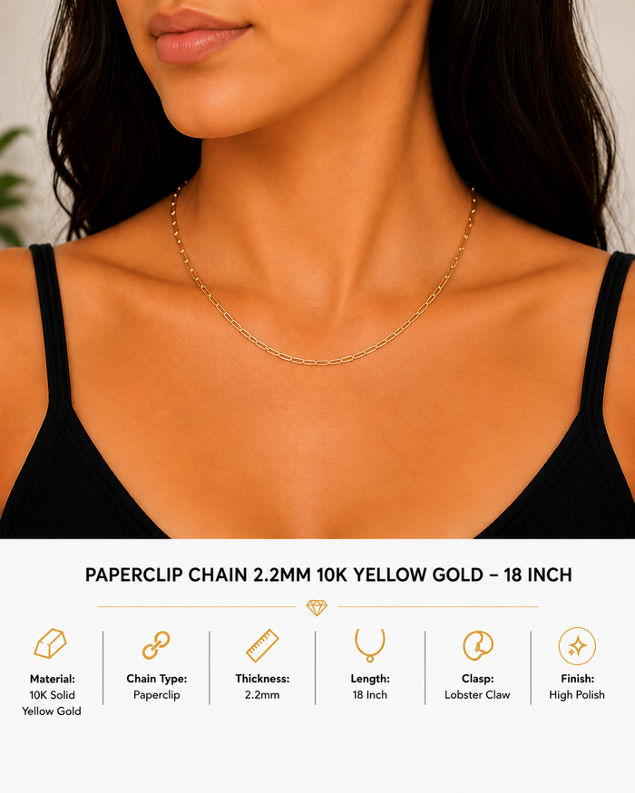 10K Yellow Gold Paperclip Chain 2.2mm 18 Inch