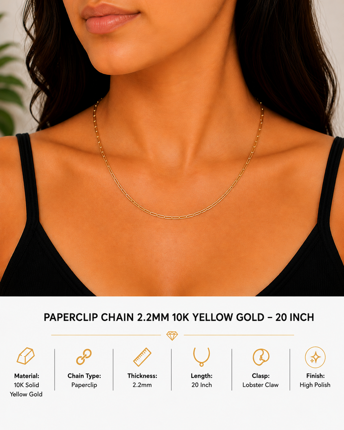 10K Yellow Gold Paperclip Chain 2.2mm 20 Inch
