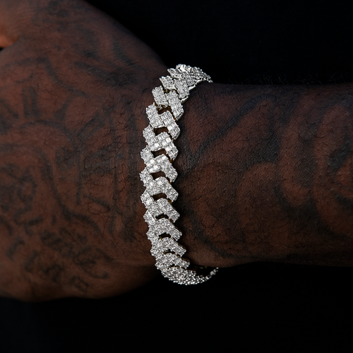 12MM Prong Baguette Cuban Bracelet - White Gold