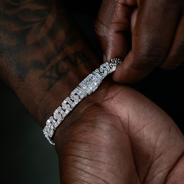 Baguette Chain Link Necklace + Bracelet in White Gold- 8mm