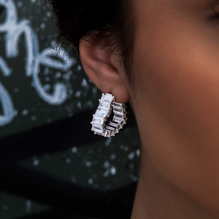 Baguette Heart Hoop Earrings - White Gold