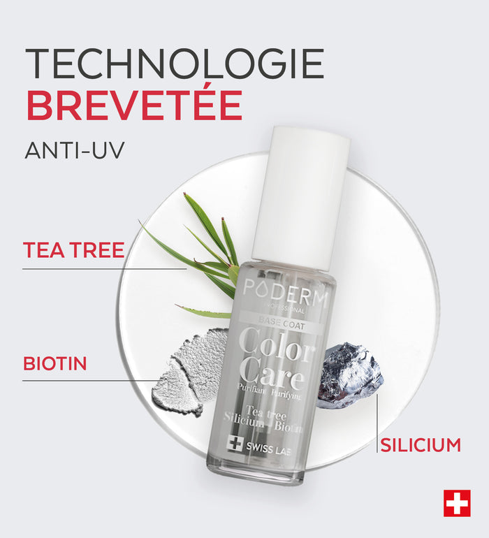 Technologie brevetée de la base coat Color Care Poderm tea tree
