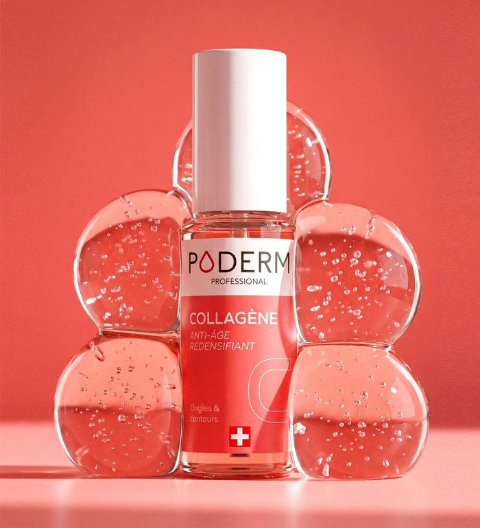 Sérum concentré collagène Poderm anti-âge redensifiant avec bulles roses sur fond corail