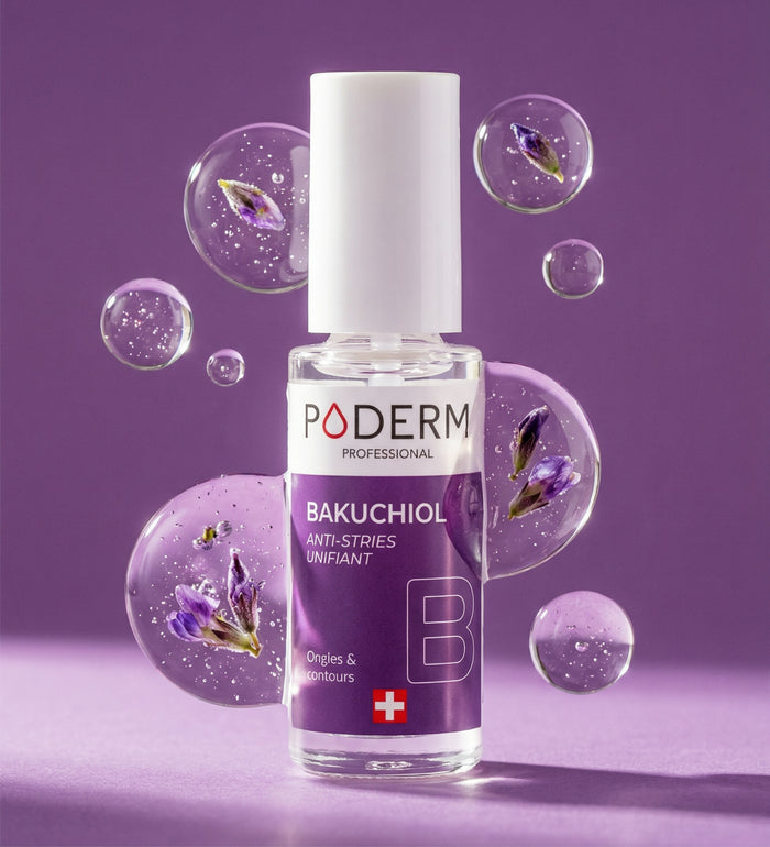 Sérum concentré bakuchiol Poderm anti-stries unifiant avec pétales violets sur fond violet