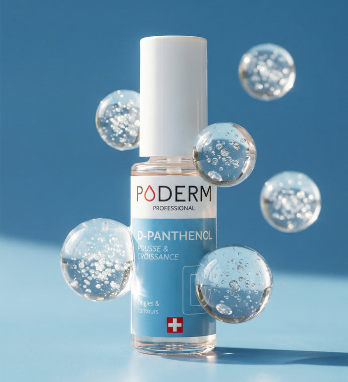 Sérum concentré D-panthénol Poderm pousse et croissance avec bulles bleues sur fond bleu