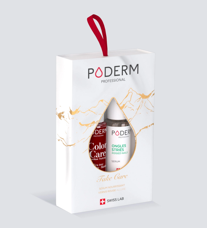 Coffret Take Care Poderm avec vernis Color Care Rouge Allure et sérum ongles striés
