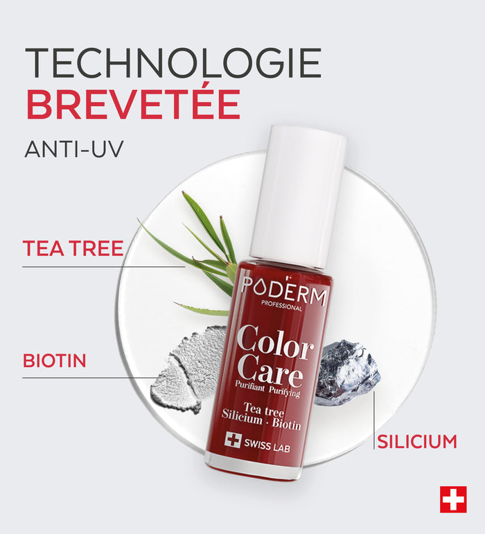 Technologie brevetée anti-UV du vernis Color Care Poderm tea tree biotine silicium