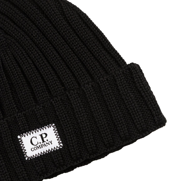 C.P. Company Extra Fine Merino Wool Knit Logo Beanie (Black)