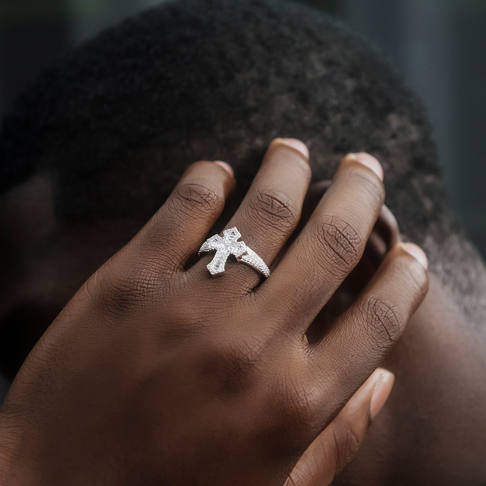 Diamond Baguette Gothic Cross Ring in White Gold Vermeil