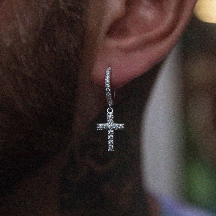 Diamond Cross Hoop Earrings in White Gold - The GLD Shop