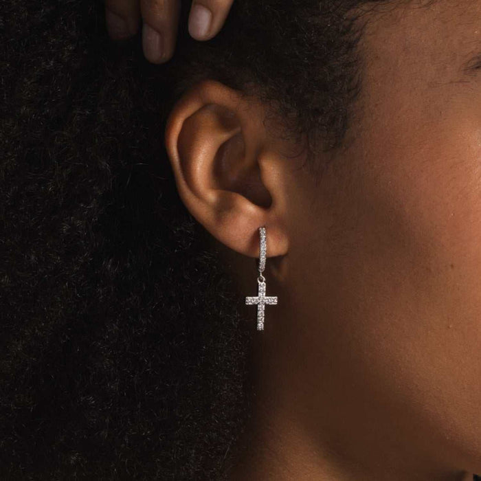Diamond Cross Hoop Earrings in White Gold - The GLD Shop