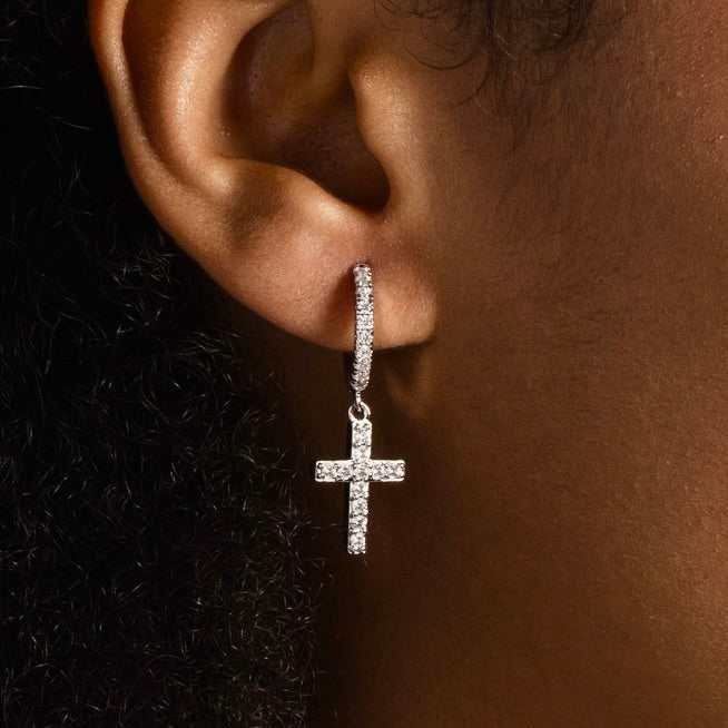 Diamond Cross Hoop Earrings in White Gold - The GLD Shop