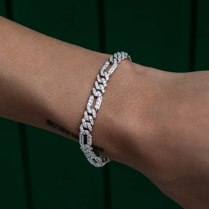 Diamond Figaro Necklace + Bracelet Bundle in White Gold- 6mm