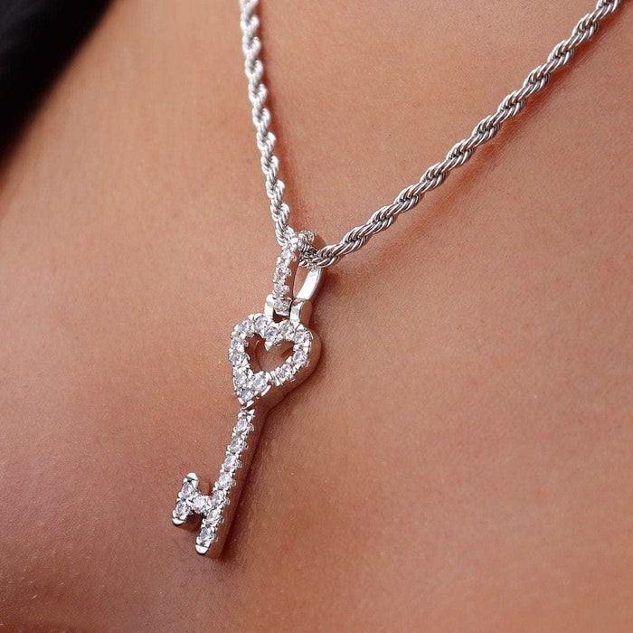 Iced Heart Key Pendant in White Gold - The GLD Shop