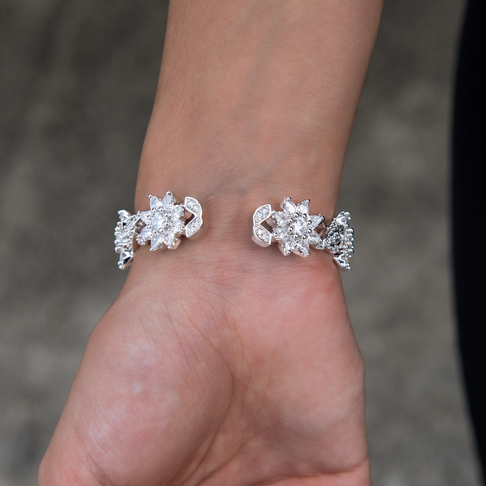 Diamond Infinity Flower Cuff Bracelet in White Gold
