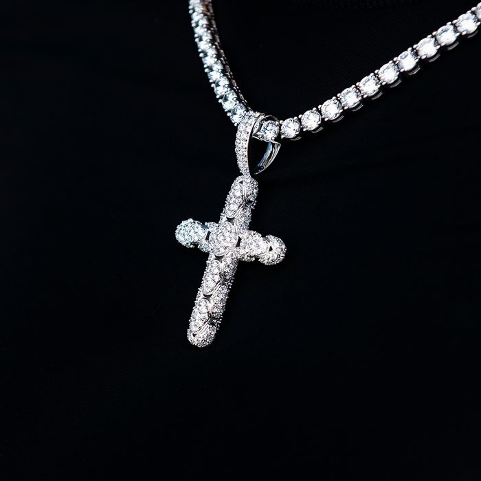 Diamond Pave Snake Link Cross Pendant in White Gold