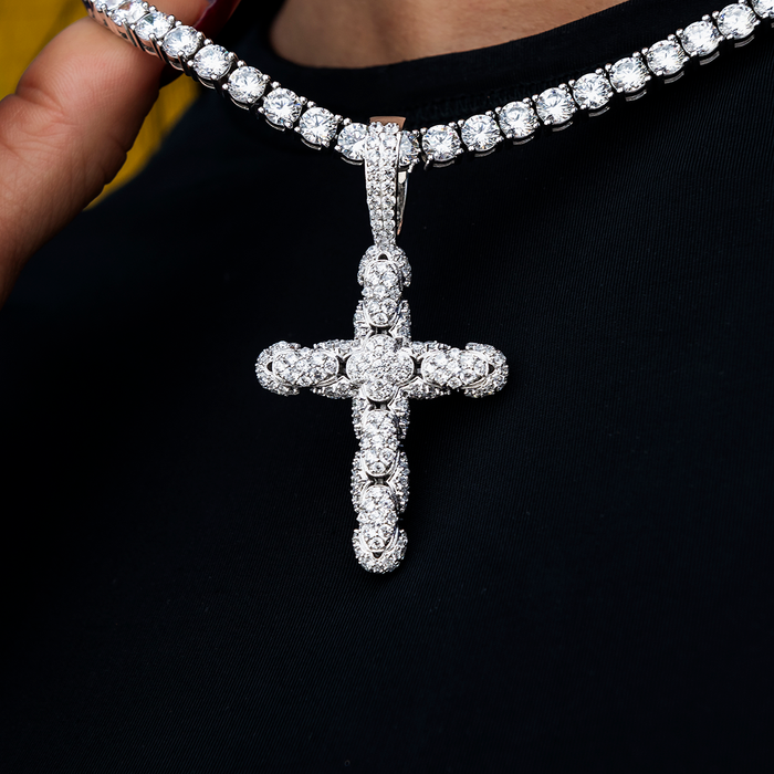 Diamond Pave Snake Link Cross Pendant in White Gold