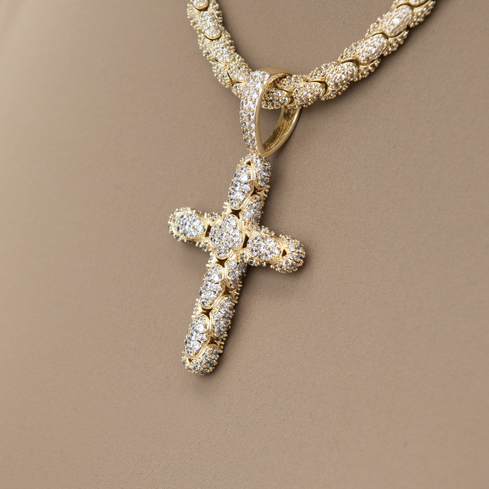 Diamond Pave Snake Link Cross Pendant in Yellow Gold