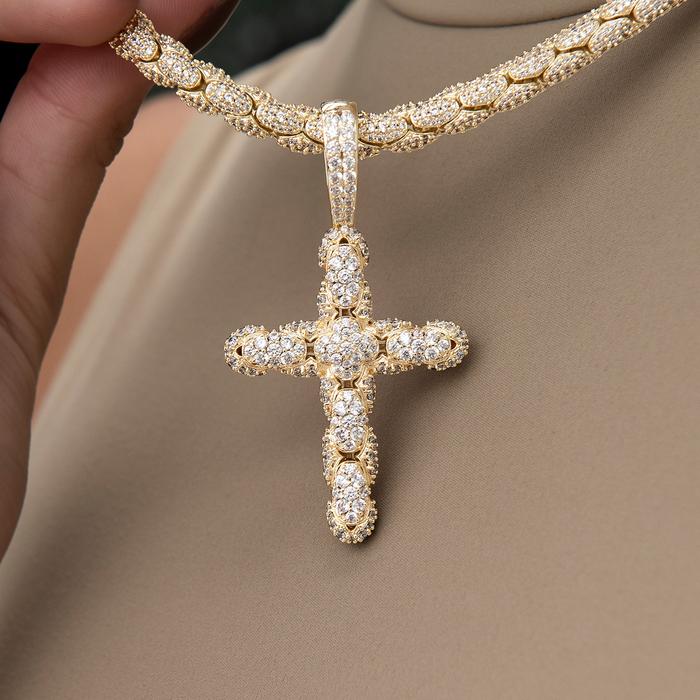 Diamond Pave Snake Link Cross Pendant in Yellow Gold