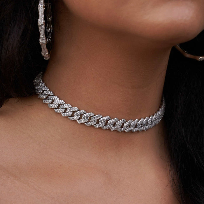 Diamond Prong Link Choker in White Gold - 12mm