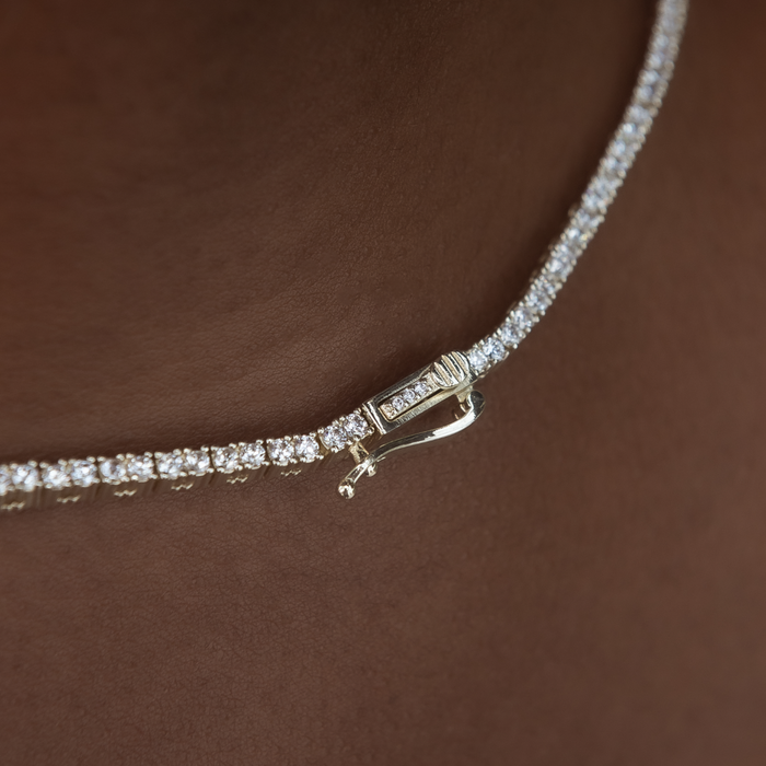 Round Cut Tennis Necklace in Yellow Gold- 2mm