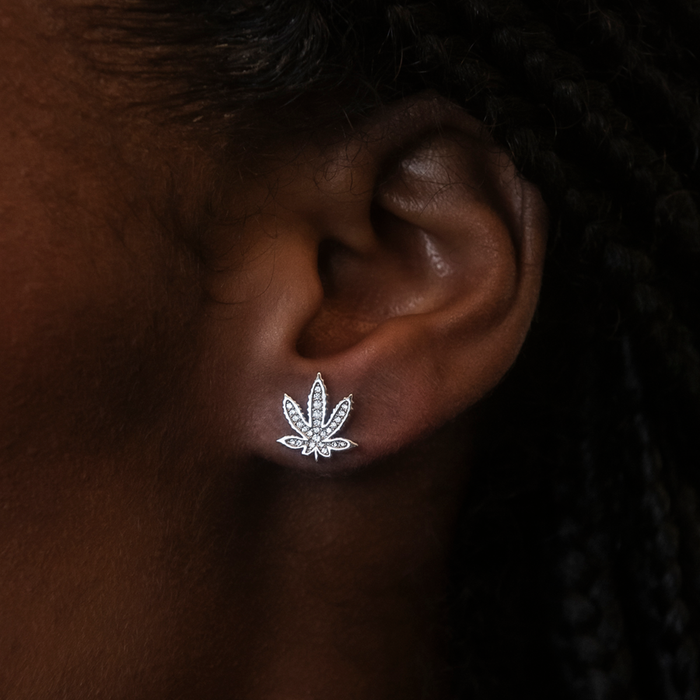 Diamond Weed Leaf Stud Earrings
