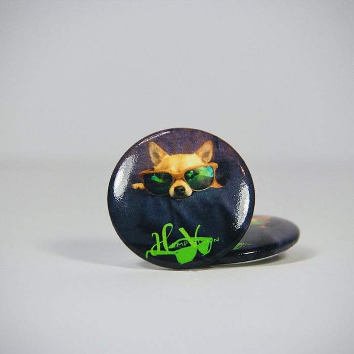 Hemp3D dog button pin badge — chihuahua in sunglasses on a navy background, two buttons shown