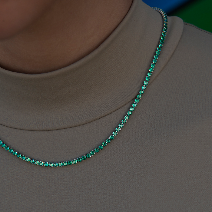Emerald Diamond Micro Tennis Necklace in White Gold