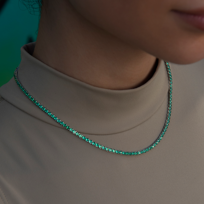 Emerald Diamond Micro Tennis Necklace in White Gold