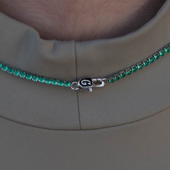 Emerald Diamond Micro Tennis Necklace in White Gold