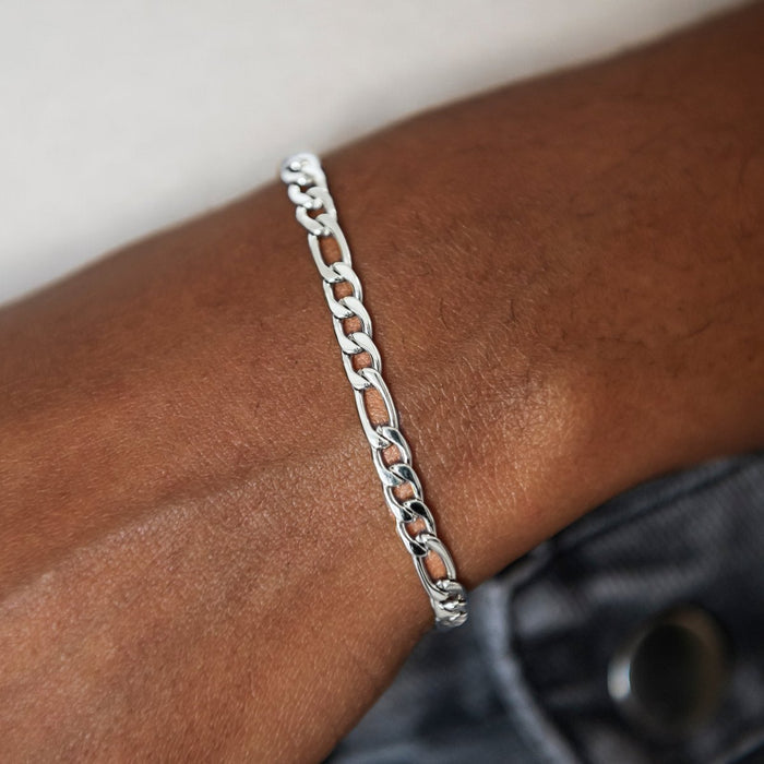 Figaro Link Necklace + Bracelet Bundle in White Gold- 4mm