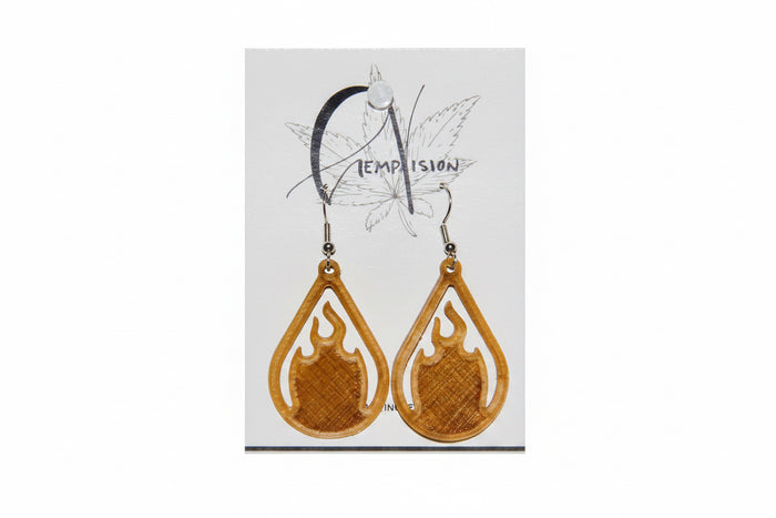 Fire hemp earrings on a HempVision card, flame inside a teardrop