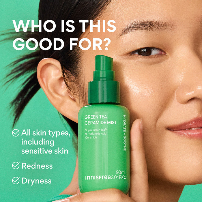 Green Tea Ceramide Mist who is this good for? model holding mist