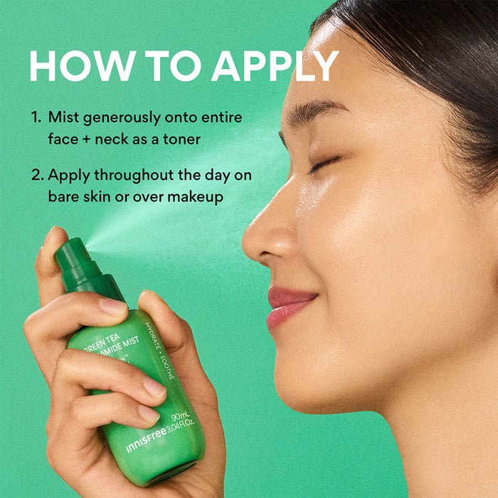 Green Tea Ceramide Mist how to apply - model misting face