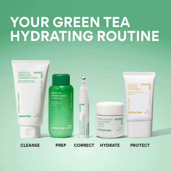your green tea hydrating routine featuring Green Tea Ceramide Milk, Green Tea Eye Serum, and Green Tea Cleansing Foam