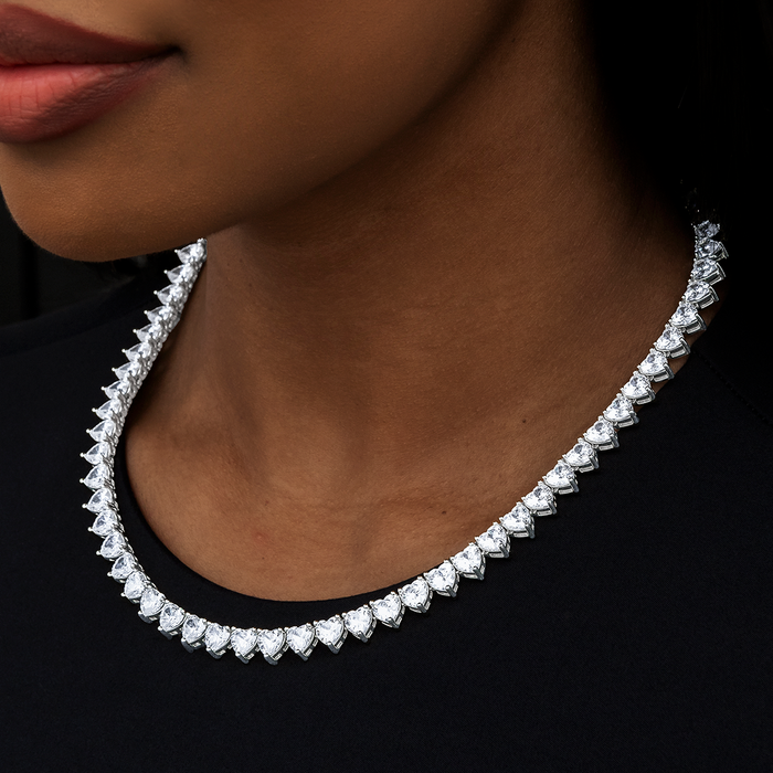 Heart Diamond Tennis Necklace in White Gold- 6mm