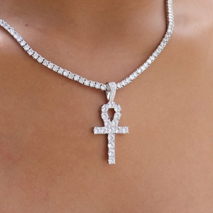 Iced Ankh Cross Pendant in White Gold