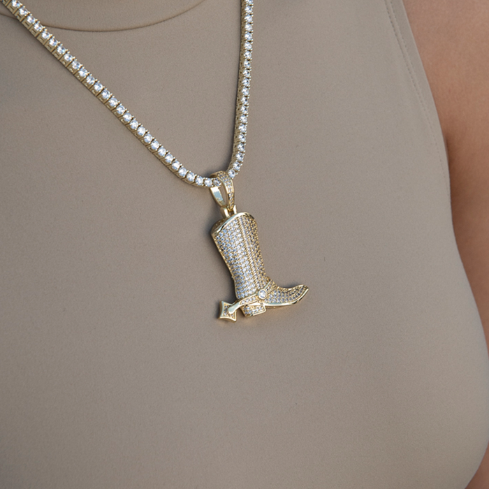 Iced Cowboy Boot Pendant in Yellow Gold