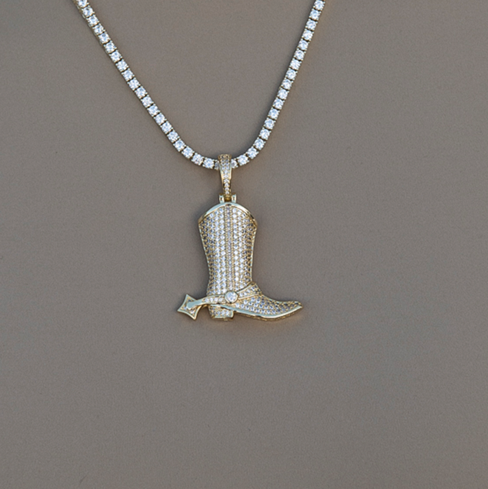Iced Cowboy Boot Pendant in Yellow Gold