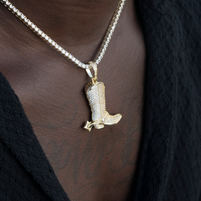 Iced Cowboy Boot Pendant in Yellow Gold