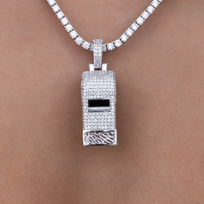 Iced Functioning Coaches Whistle Pendant in White Gold