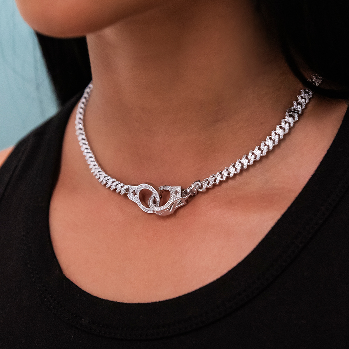 Iced Handcuff Diamond Prong Cuban Necklace in White Gold