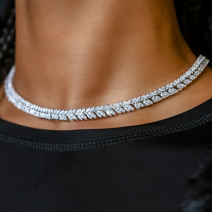 Iced Herringbone Necklace in White Gold- 7mm