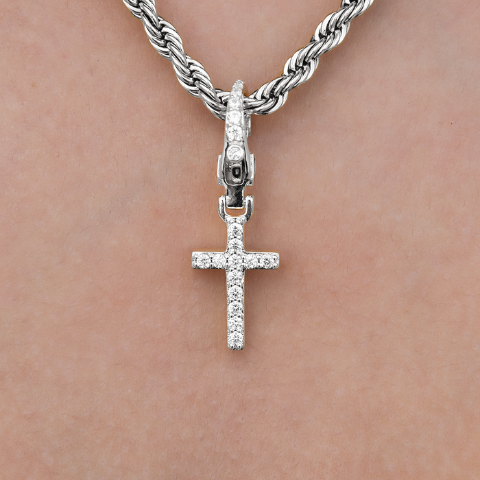 Iced Micro Cross Clip On Charm  Pendant in White Gold