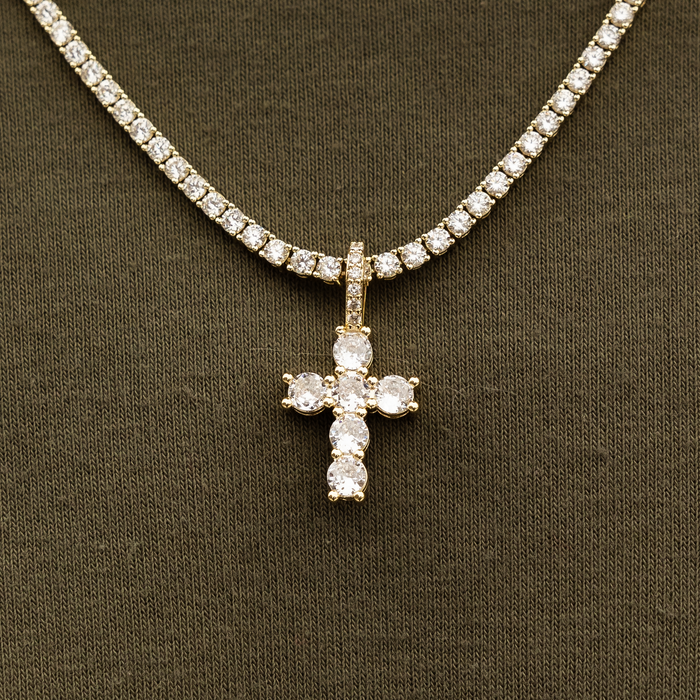 Iced Micro Round Cross in Yellow Gold