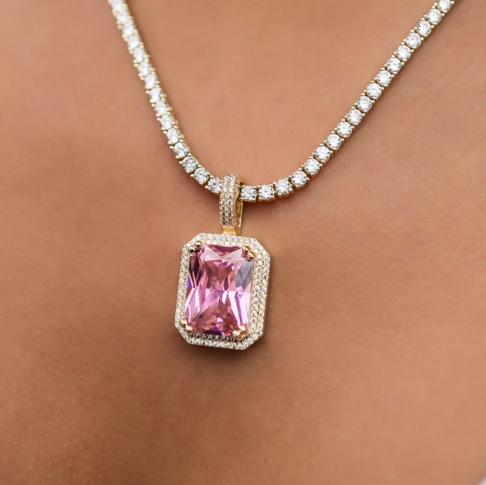 Iced Pave Pink Pendant - Yellow Gold