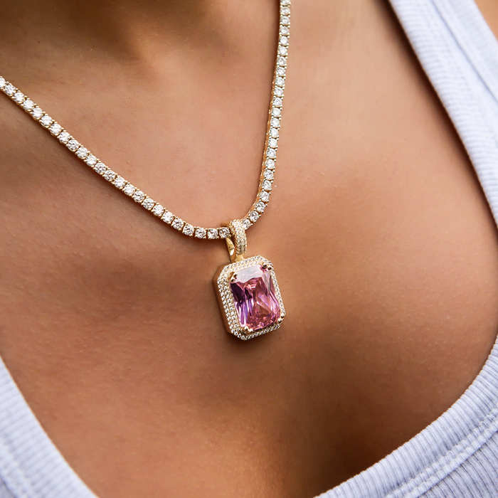 Iced Pave Pink Pendant - Yellow Gold