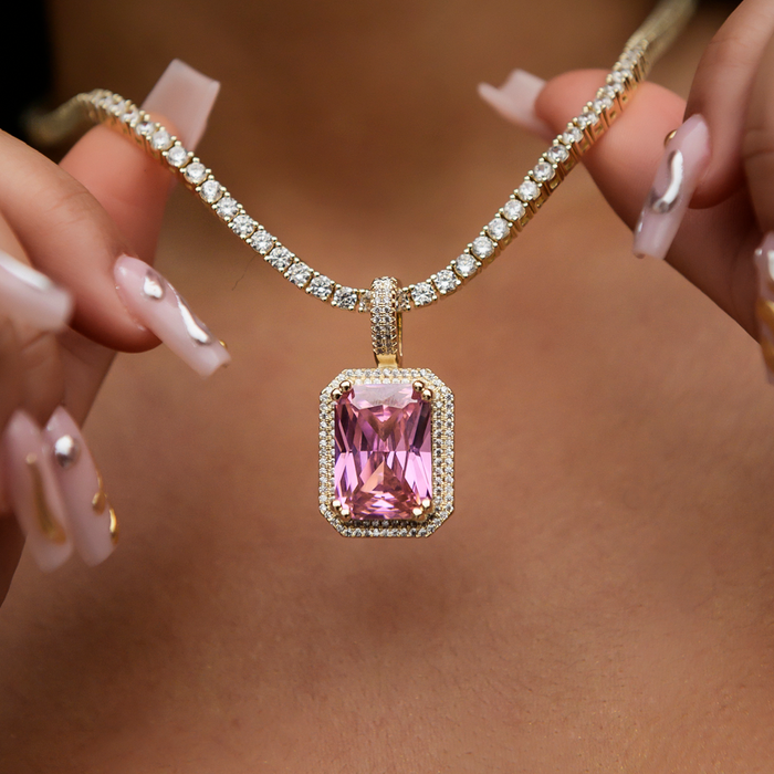 Iced Pave Pink Pendant - Yellow Gold