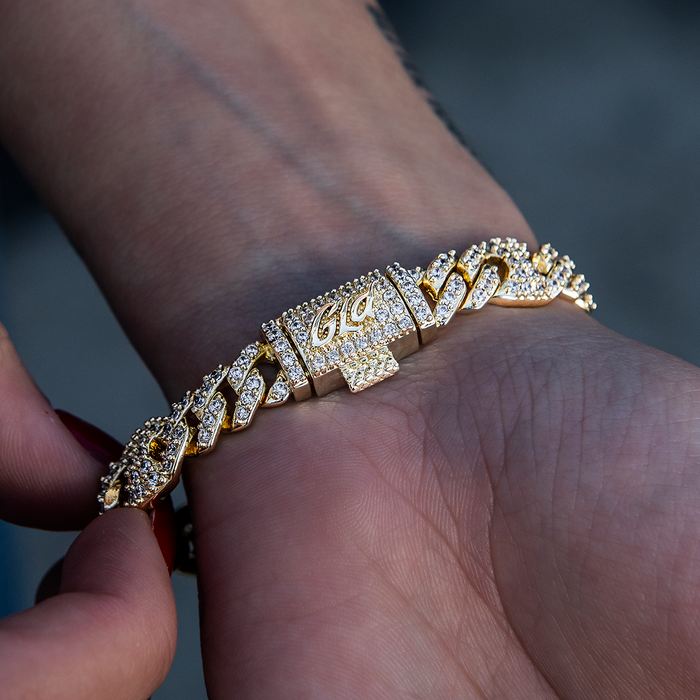 Iced Puffed Mariner Cuban Bracelet in Yellow Gold- 9mm